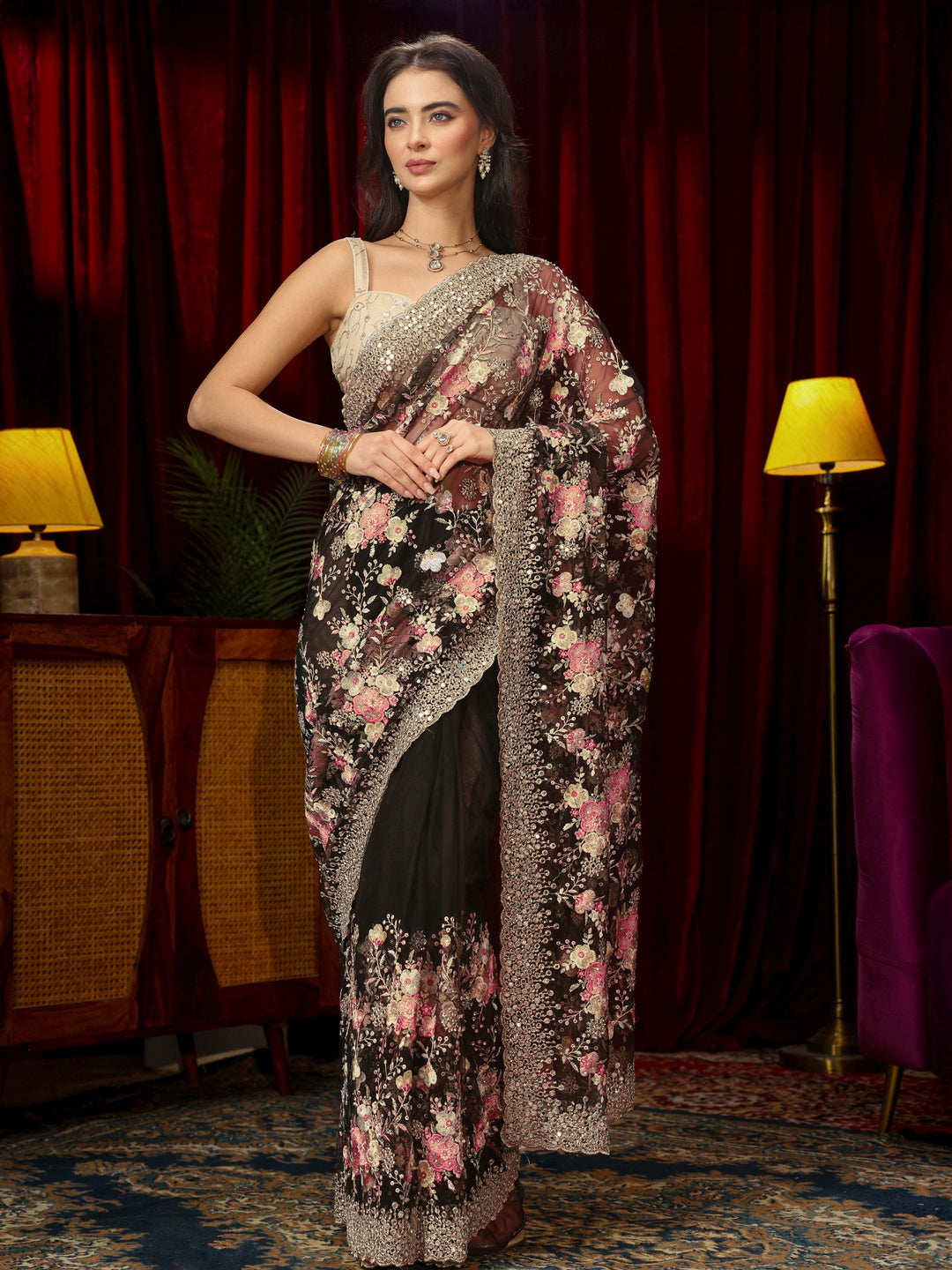 Libas Art Black Floral Embroidered Net Saree with Mirror Work Border