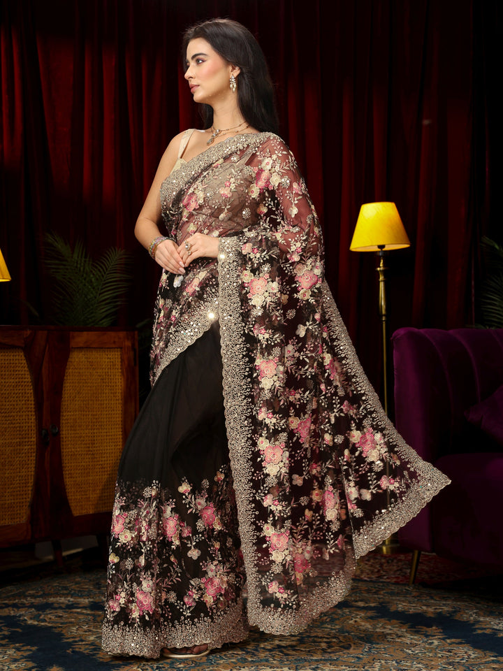 Libas Art Black Floral Embroidered Net Saree with Mirror Work Border