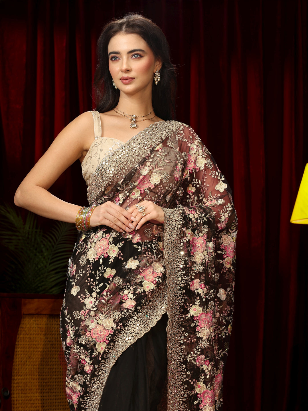 Libas Art Black Floral Embroidered Net Saree with Mirror Work Border