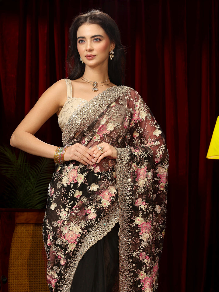 Libas Art Black Floral Embroidered Net Saree with Mirror Work Border