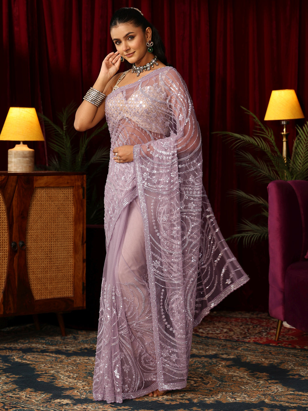 Libas Art Lavender Sequin Embellished Net Saree