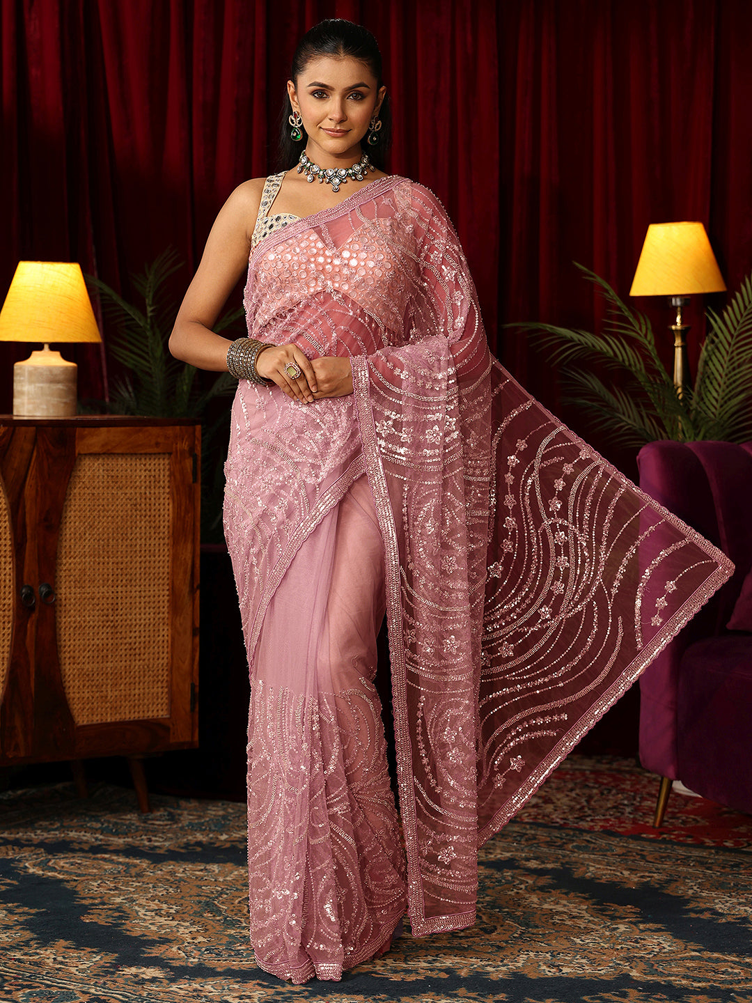 Libas Art Pink Sequin Embellished Net Saree