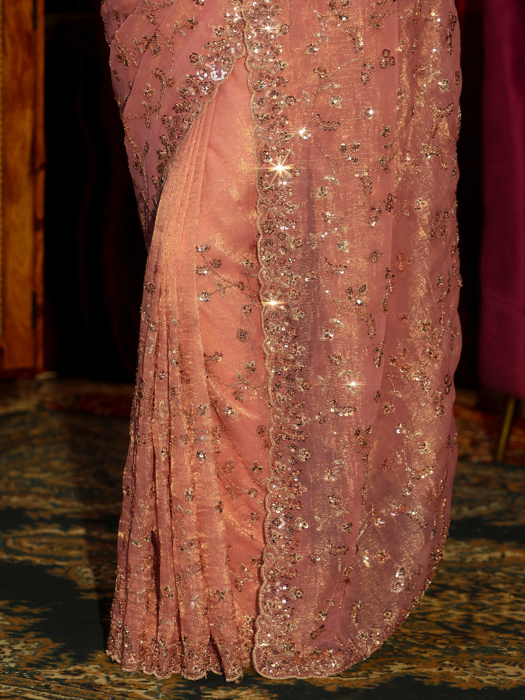 Libas Art Peach Pink Floral Embellished Tissue Saree