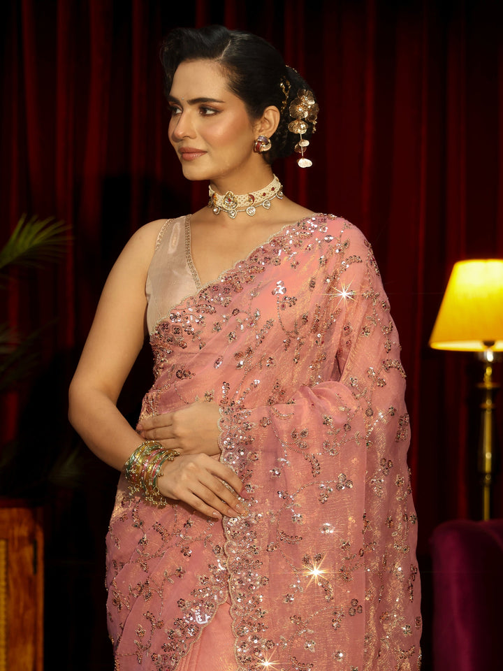 Libas Art Peach Pink Floral Embellished Tissue Saree