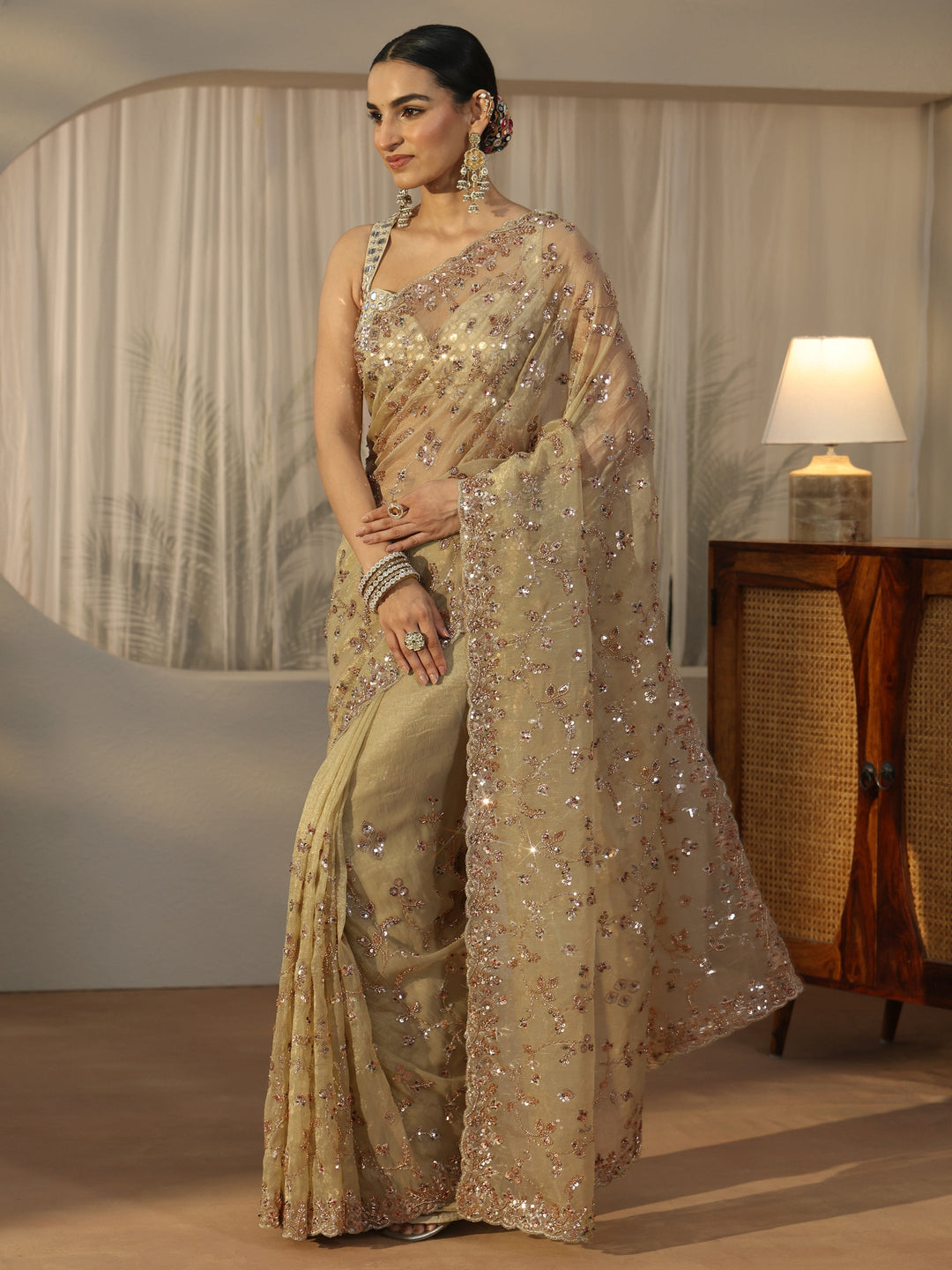 Libas Art Sage Green Sequin Embellished Tissue Saree