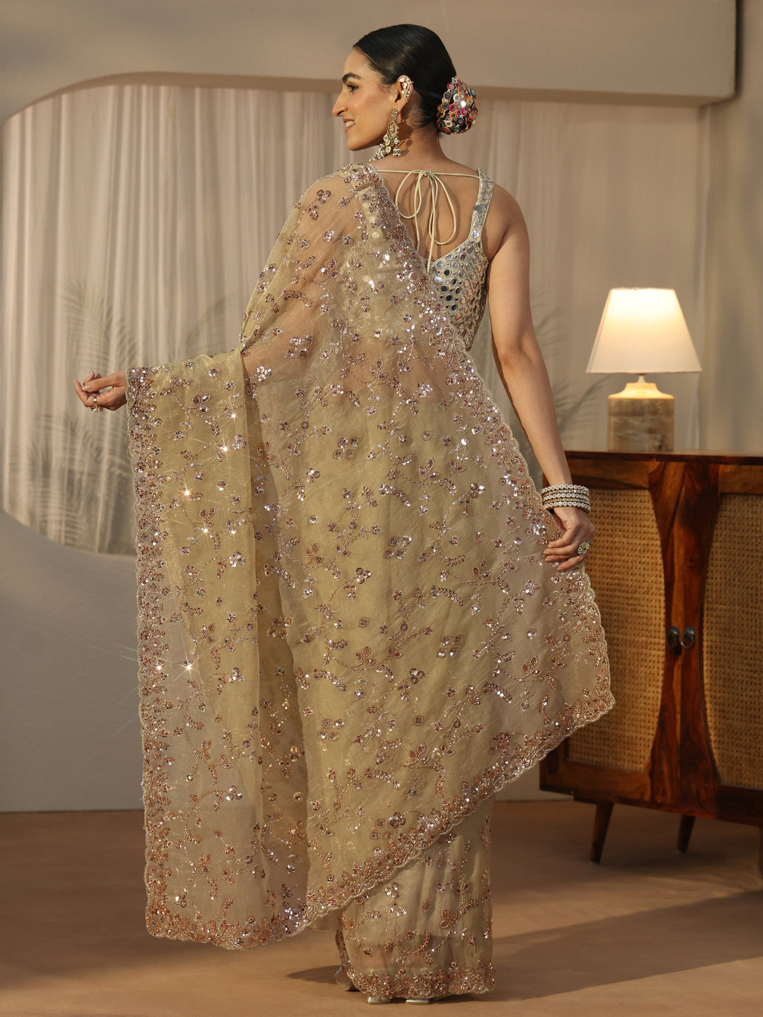 Libas Art Sage Green Sequin Embellished Tissue Saree