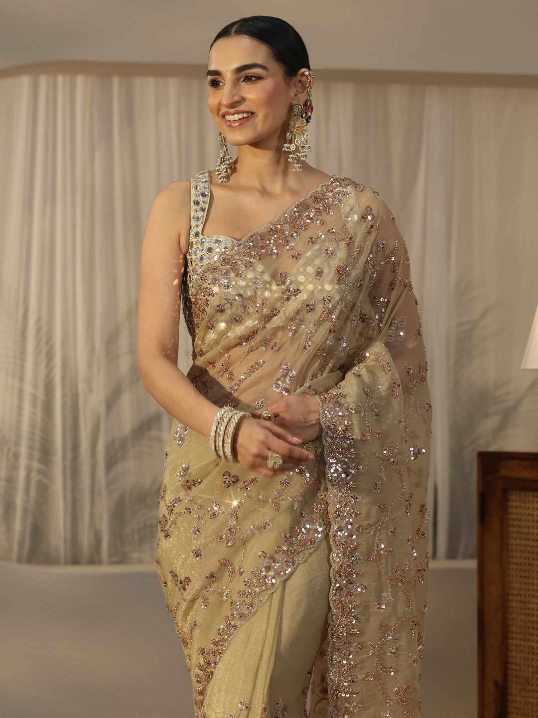 Libas Art Sage Green Sequin Embellished Tissue Saree
