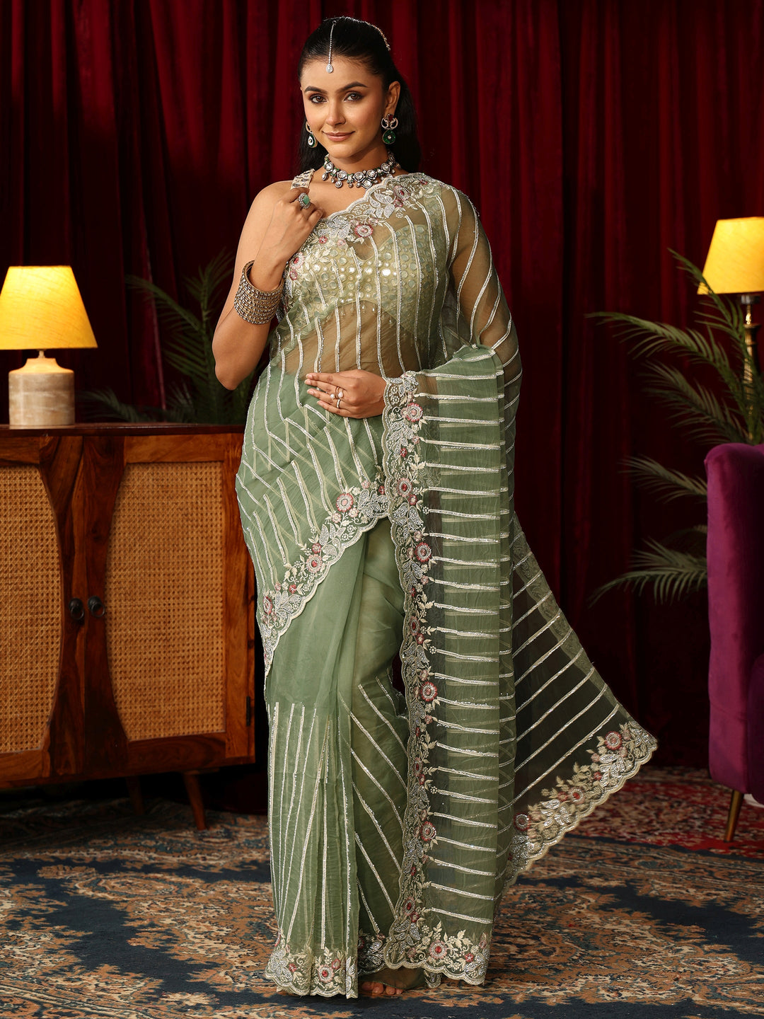 Libas Art Green Gota Striped Tissue Saree with Embroidered Border