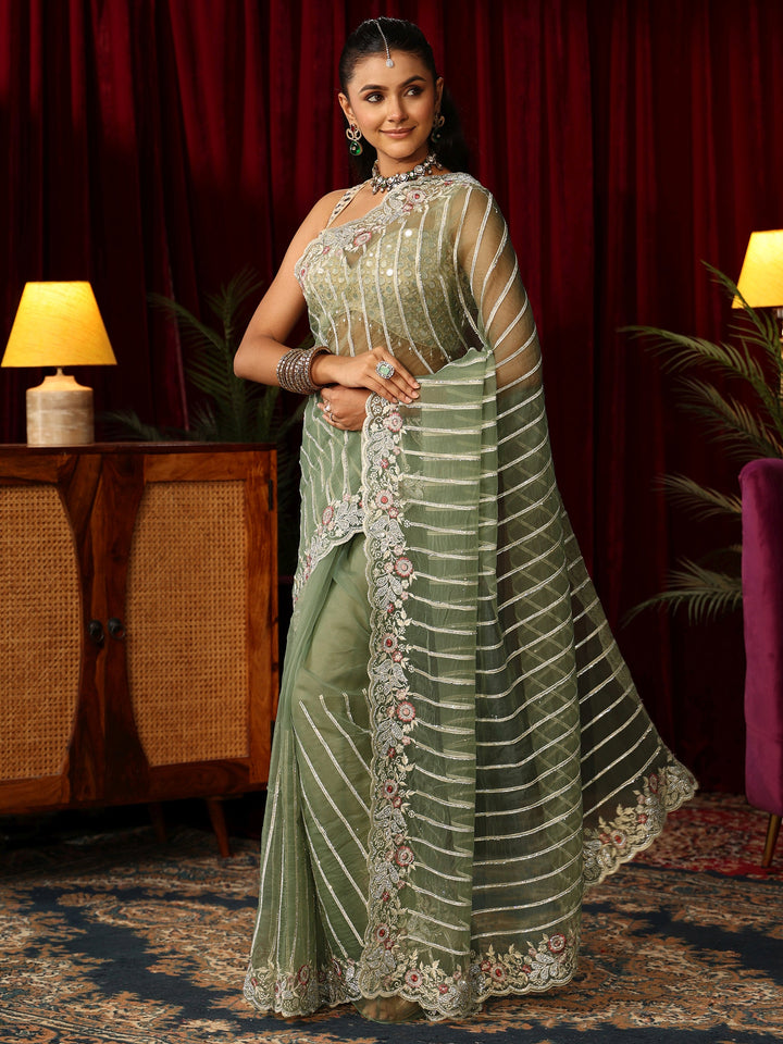 Libas Art Green Gota Striped Tissue Saree with Embroidered Border