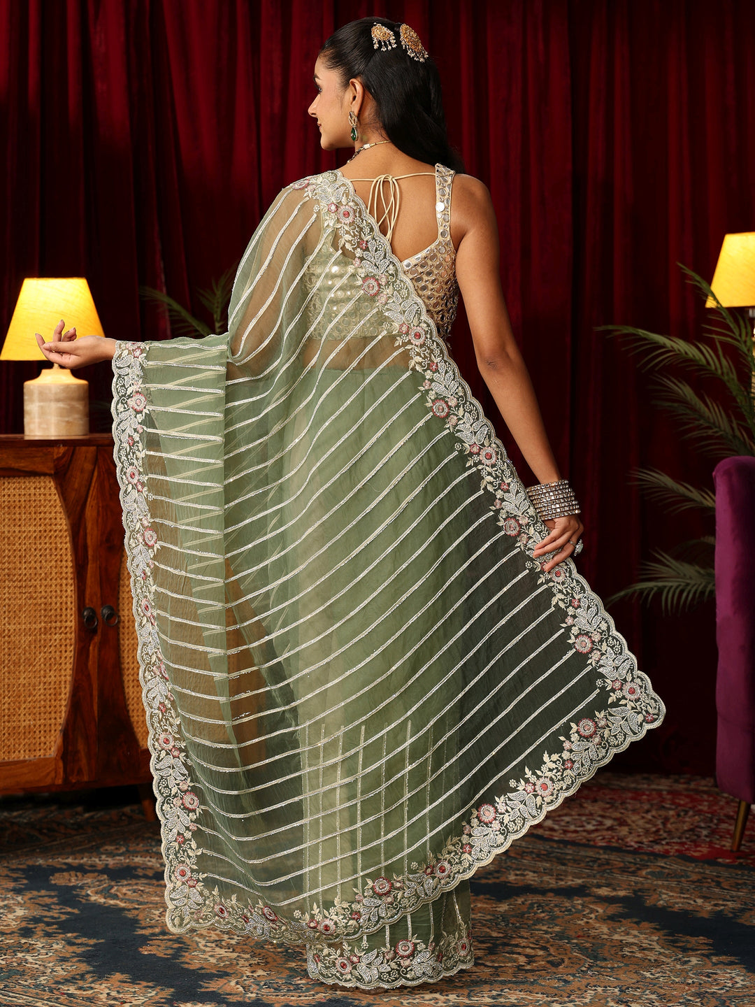 Libas Art Green Gota Striped Tissue Saree with Embroidered Border