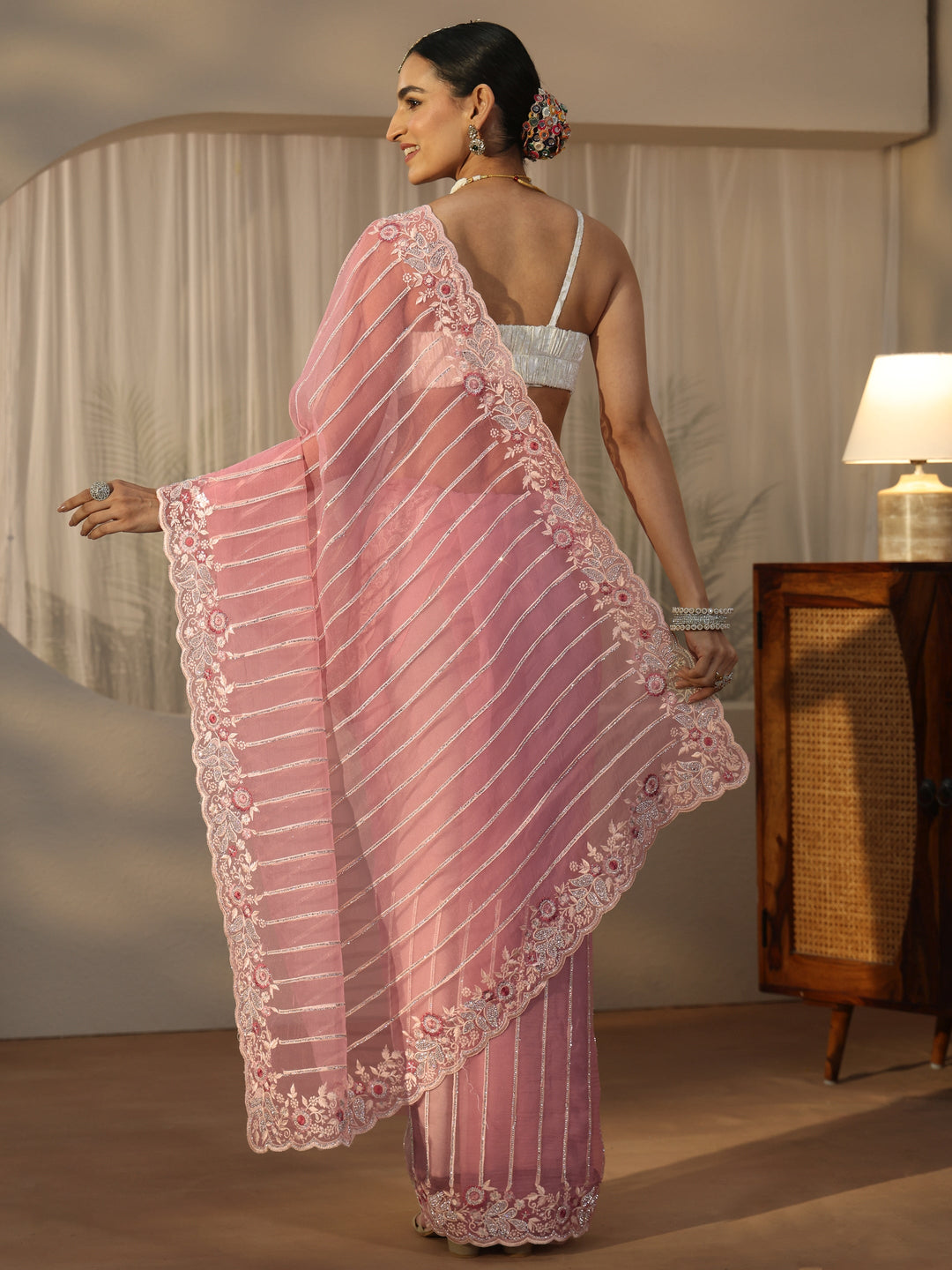 Libas Art Pink Striped Tissue Saree with Embellished Border