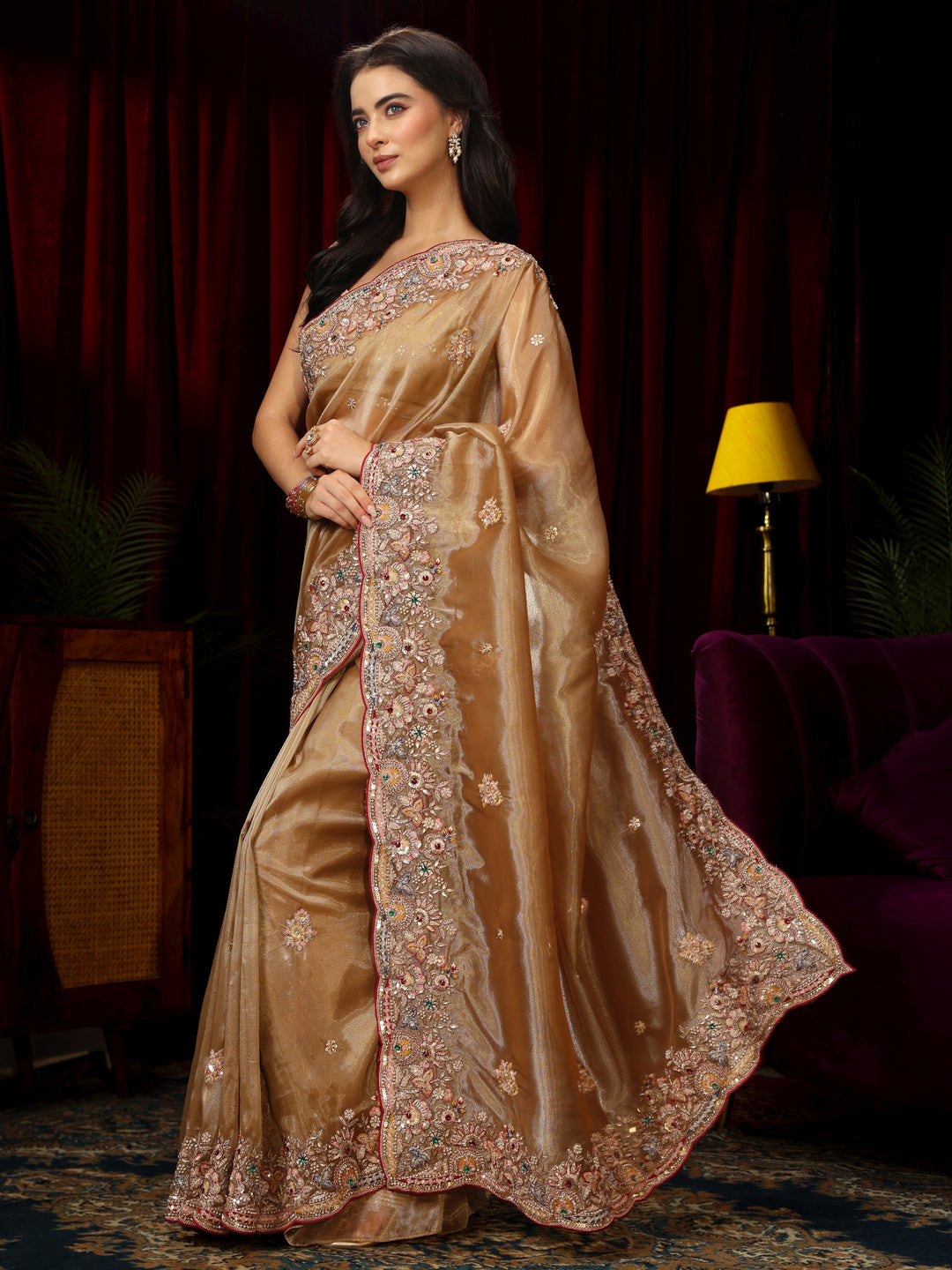 Libas Art Taupe Brown Sequin Tissue Saree with Floral Embroidered Border
