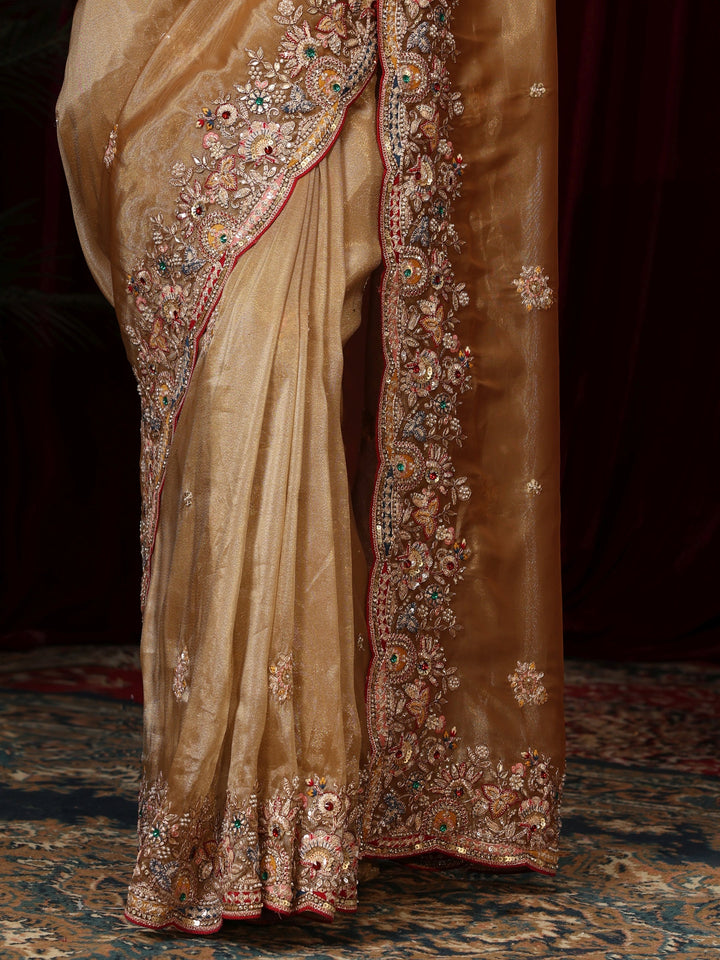 Libas Art Taupe Brown Sequin Tissue Saree with Floral Embroidered Border