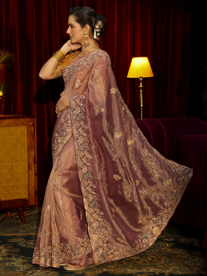 Libas Art Peach Pink Floral Embroidered Tissue Saree