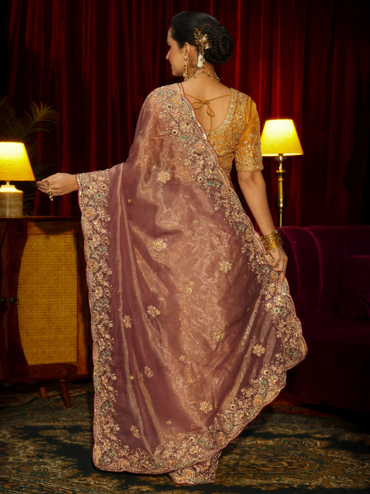 Libas Art Peach Pink Floral Embroidered Tissue Saree