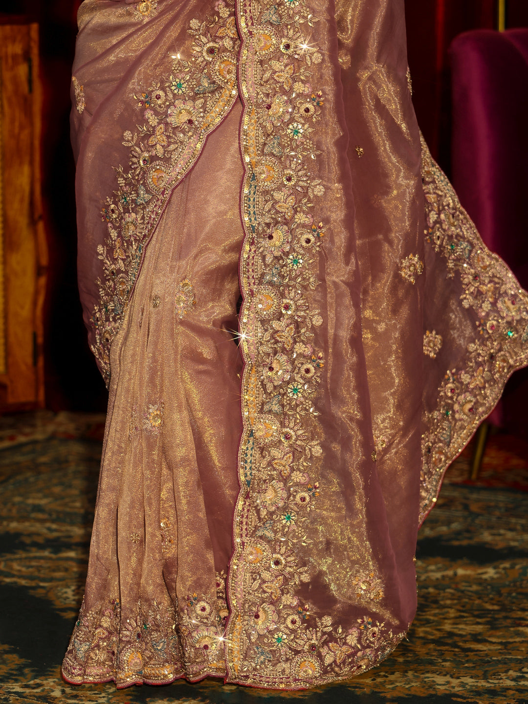 Libas Art Peach Pink Floral Embroidered Tissue Saree