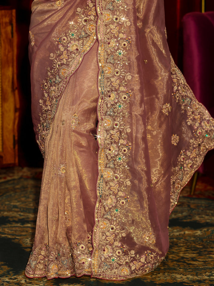 Libas Art Peach Pink Floral Embroidered Tissue Saree