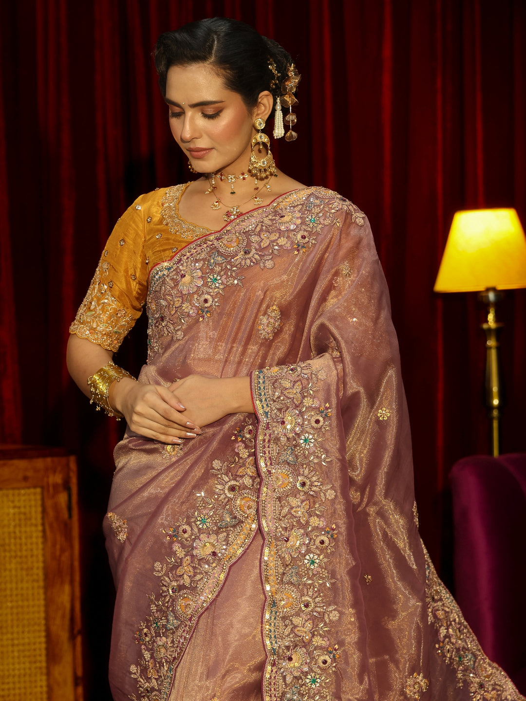 Libas Art Peach Pink Floral Embroidered Tissue Saree
