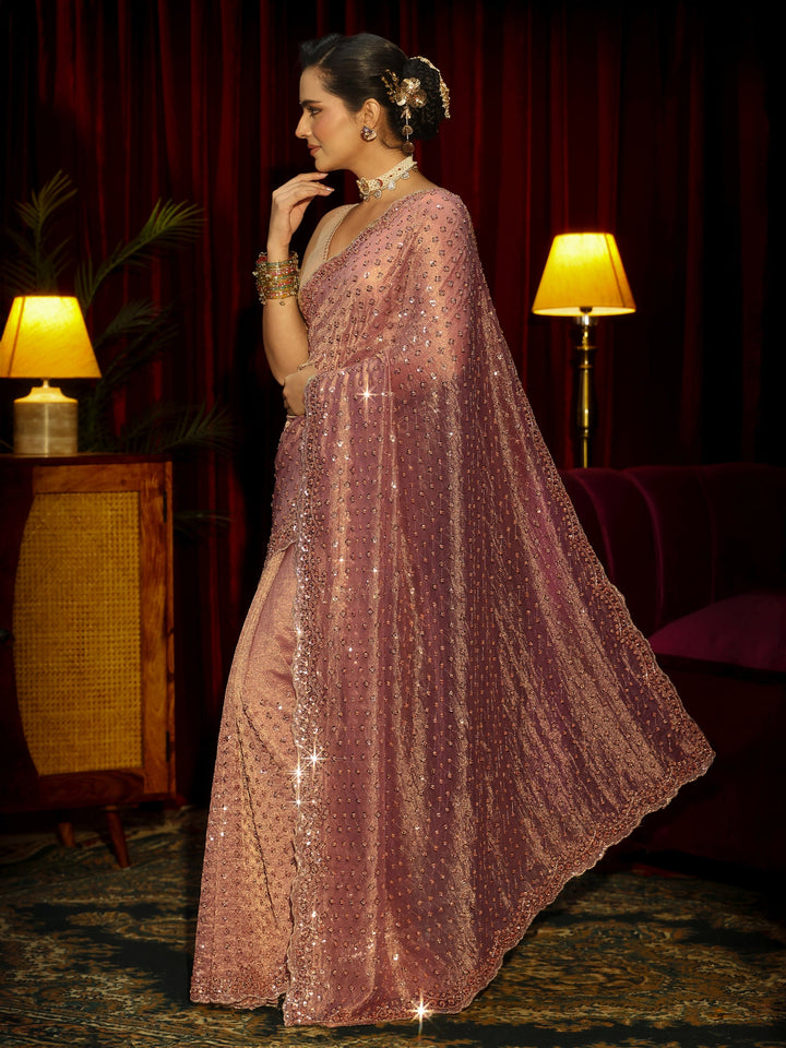 Libas Art Rose Pink Stone Work Embellished Tisue Saree