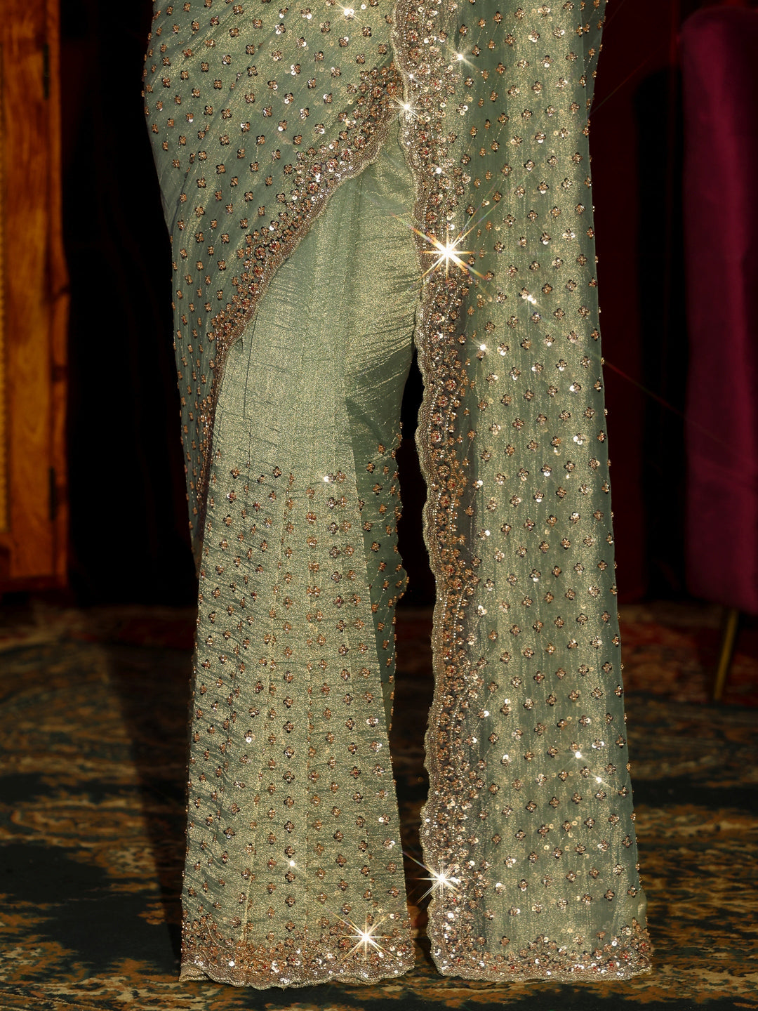 Libas Art Green Stone Work Embellished Tissue Saree