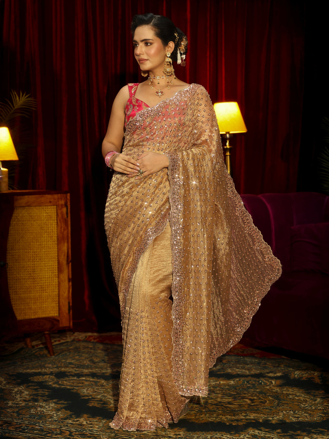 Libas Art Mustard Floral Embellished Tissue Saree