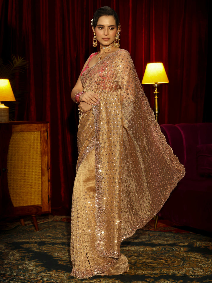 Libas Art Mustard Floral Embellished Tissue Saree