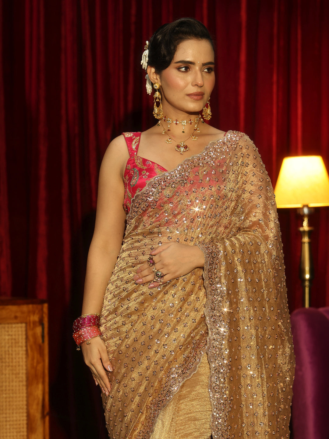 Libas Art Mustard Floral Embellished Tissue Saree