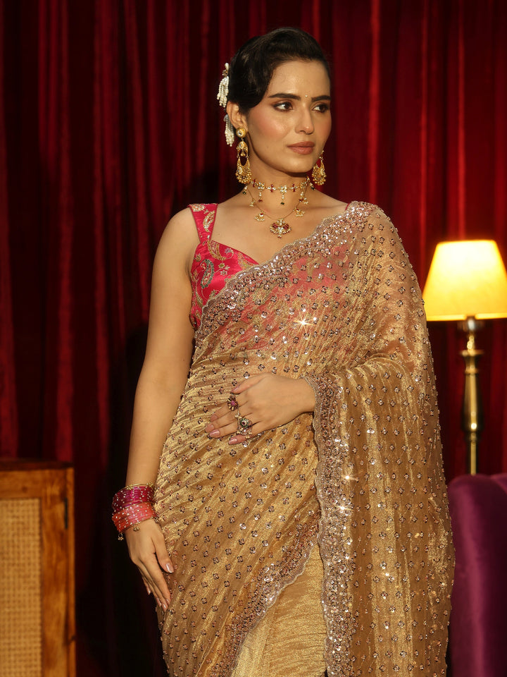 Libas Art Mustard Floral Embellished Tissue Saree