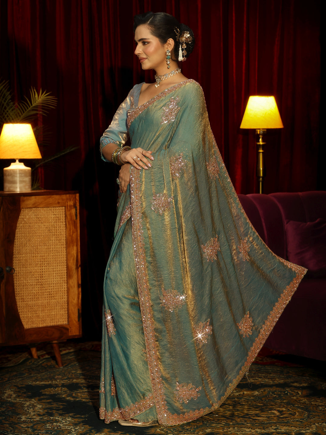 Libas Art Green Floral Embellished Tissue Saree