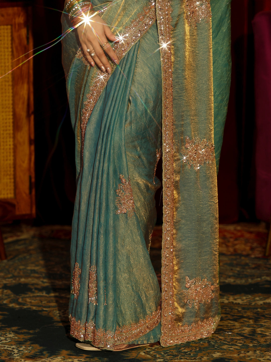 Libas Art Green Floral Embellished Tissue Saree