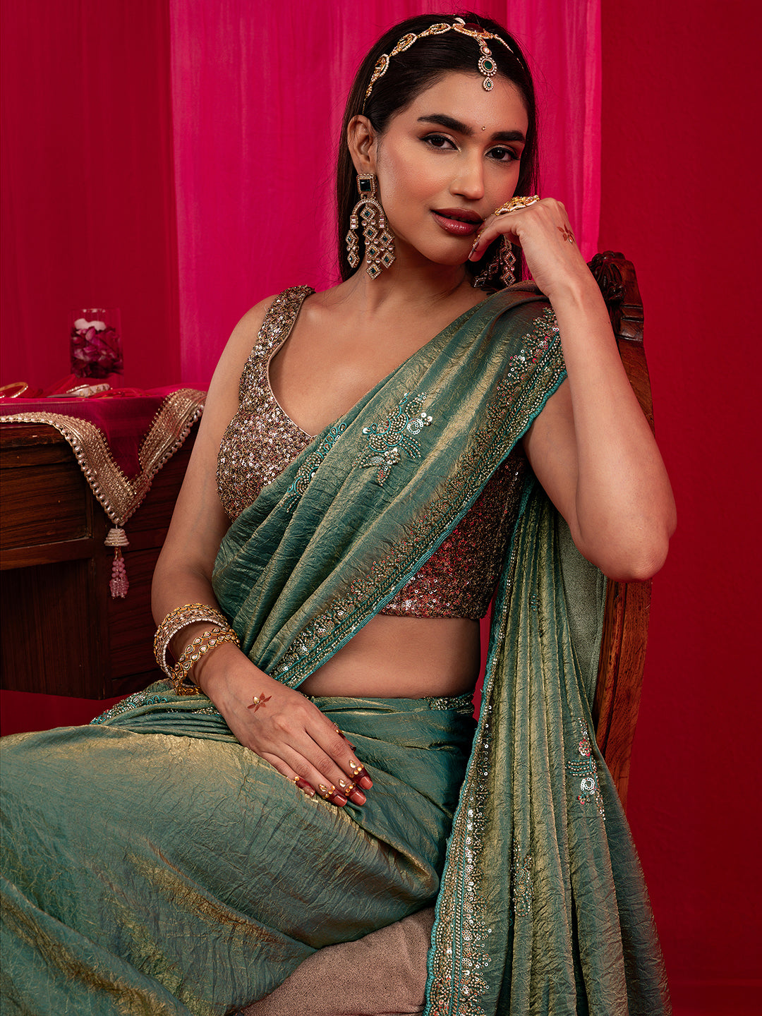 Libas Art Dilruba Green Floral Embellished Tissue Saree