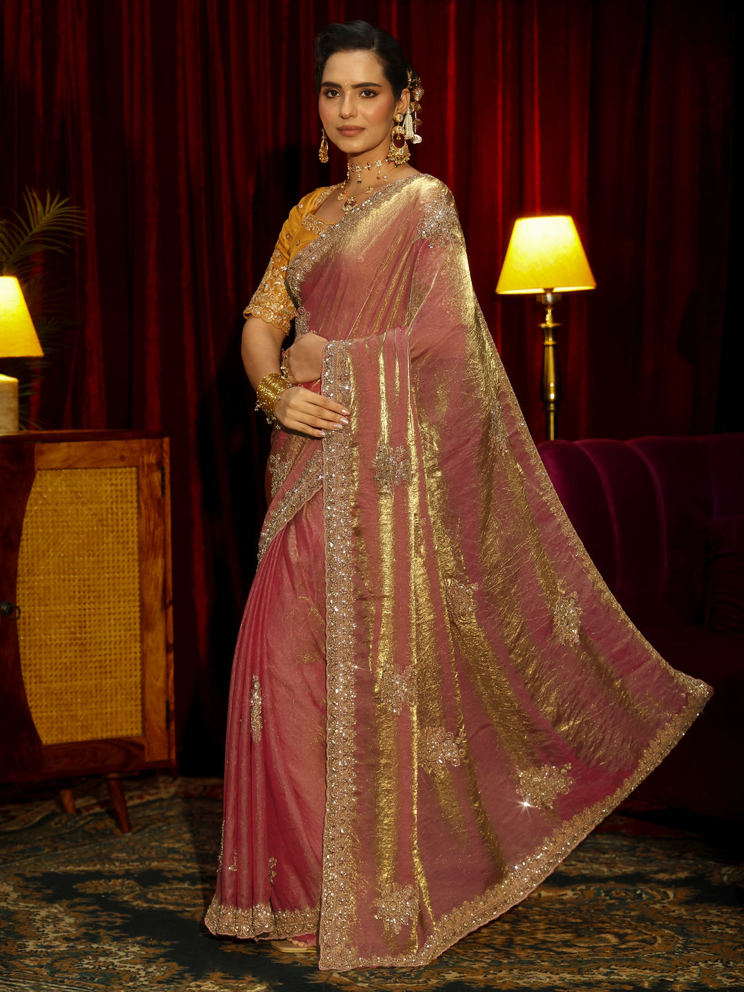 Libas Art Dusty Rose Pink Floral Embellished Tissue Saree