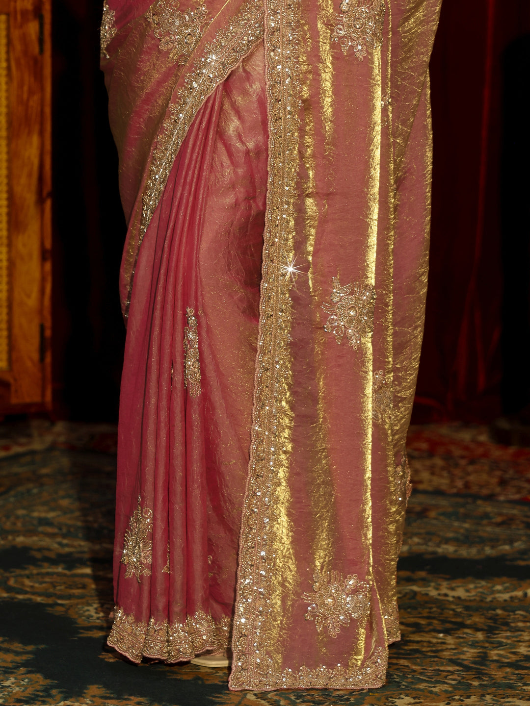 Libas Art Dusty Rose Pink Floral Embellished Tissue Saree