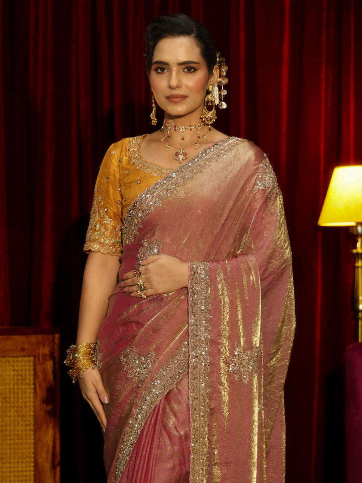 Libas Art Dusty Rose Pink Floral Embellished Tissue Saree