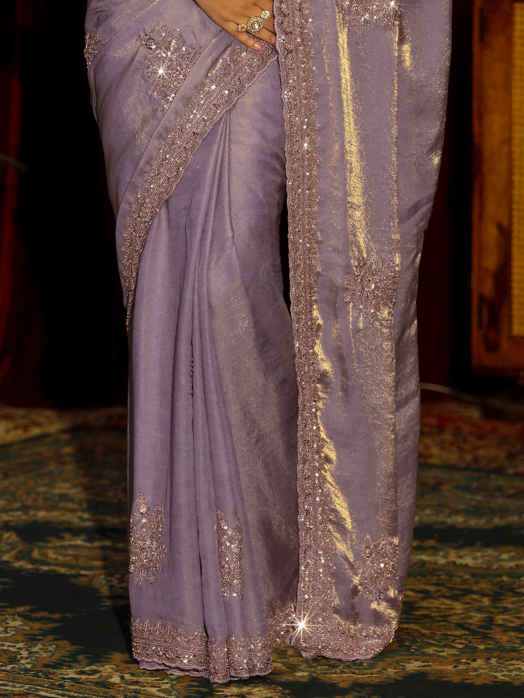 Libas Art Lavender Floral Embellished Tissue Saree