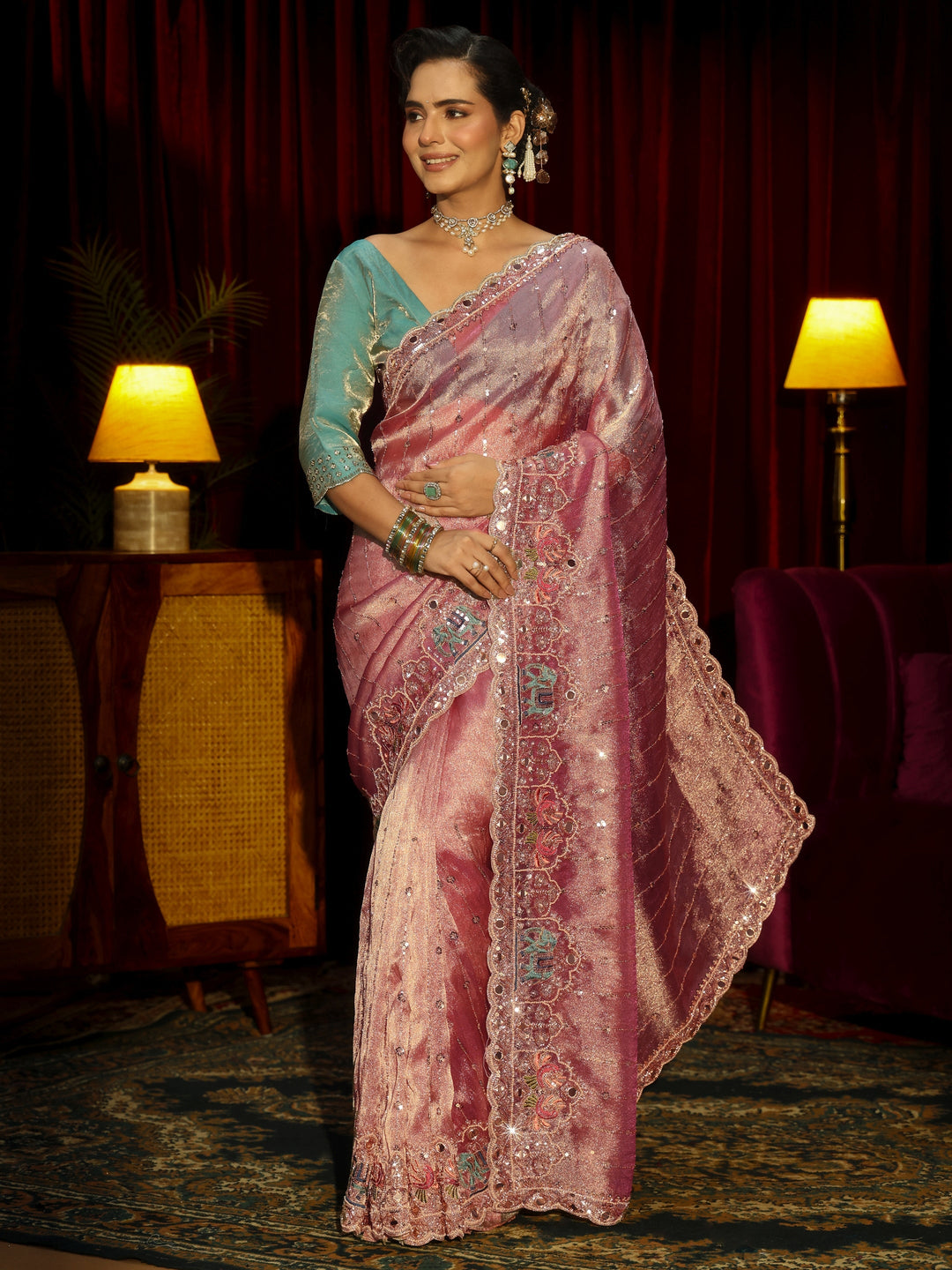 Libas Art Dusty Rose Sequin Embellished Tissue Saree
