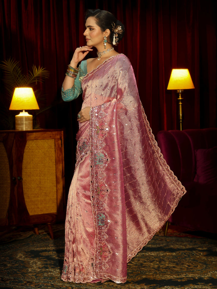 Libas Art Dusty Rose Sequin Embellished Tissue Saree