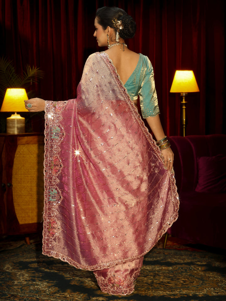 Libas Art Dusty Rose Sequin Embellished Tissue Saree