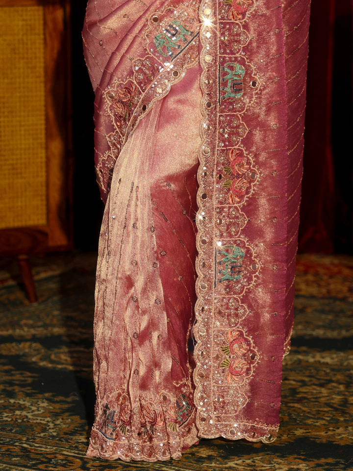 Libas Art Dusty Rose Sequin Embellished Tissue Saree