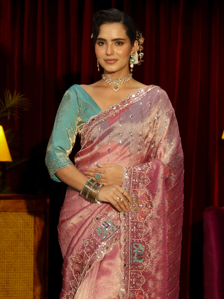 Libas Art Dusty Rose Sequin Embellished Tissue Saree