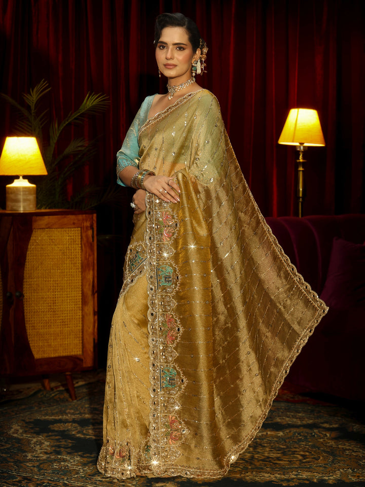 Libas Art Green Sequin Embellished Tissue Saree