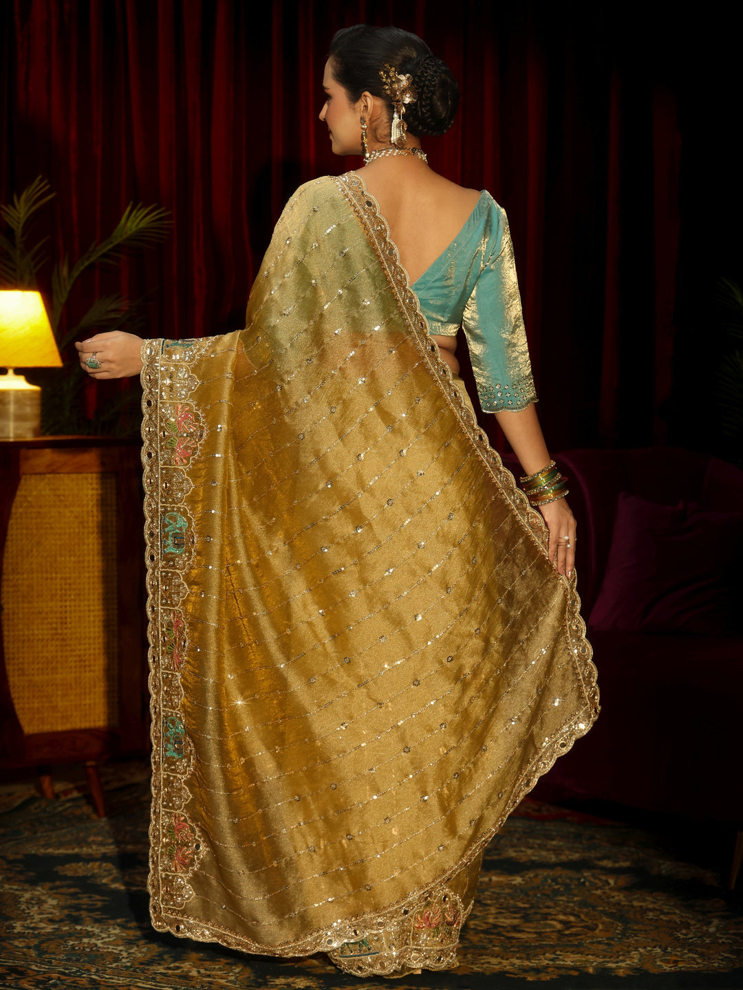 Libas Art Green Sequin Embellished Tissue Saree