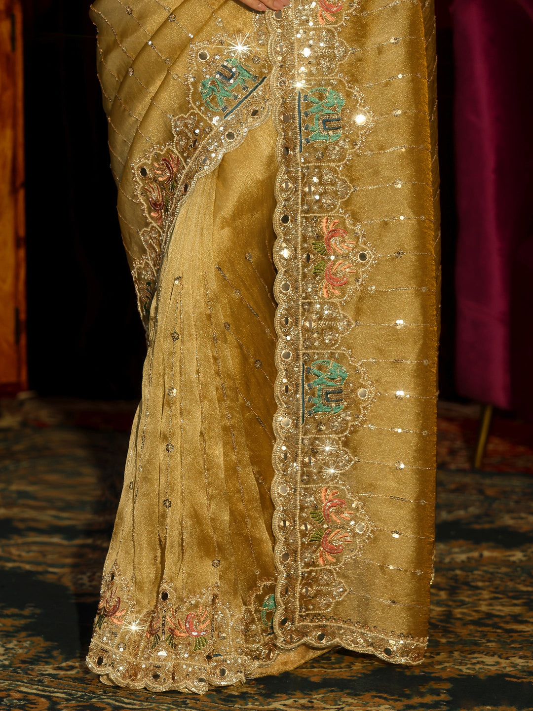 Libas Art Green Sequin Embellished Tissue Saree