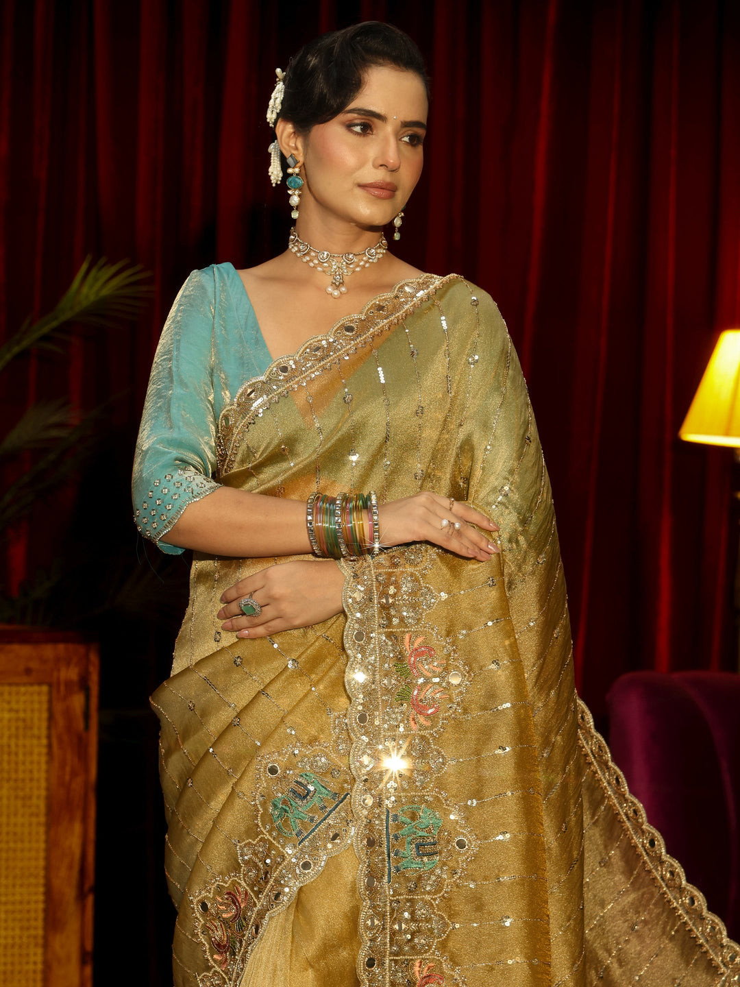 Libas Art Green Sequin Embellished Tissue Saree