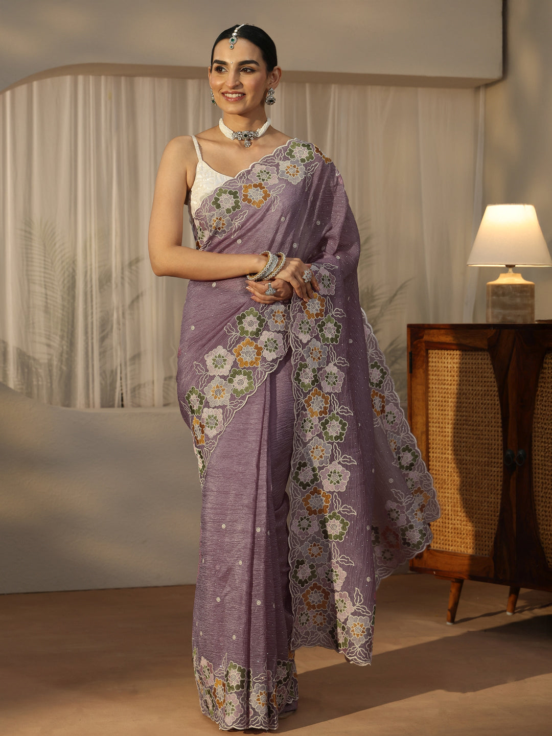 Libas Lavender Floral Embroidered Organza Saree