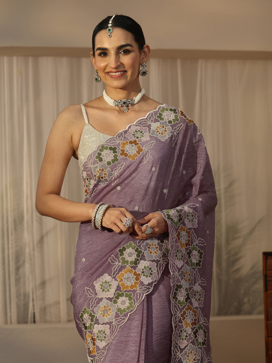Libas Lavender Floral Embroidered Organza Saree