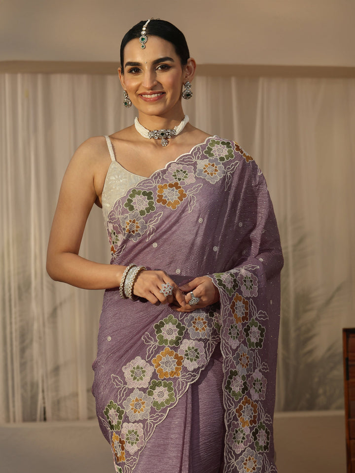 Libas Lavender Floral Embroidered Organza Saree
