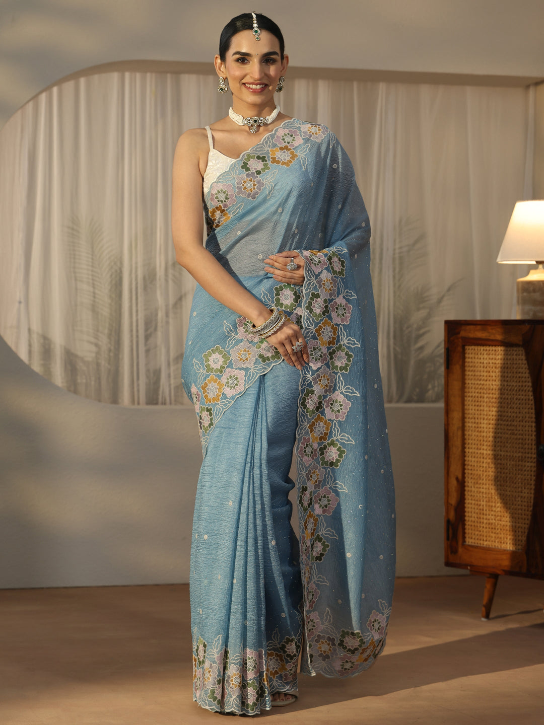 Libas Slate Blue Floral Embroidered Organza Saree