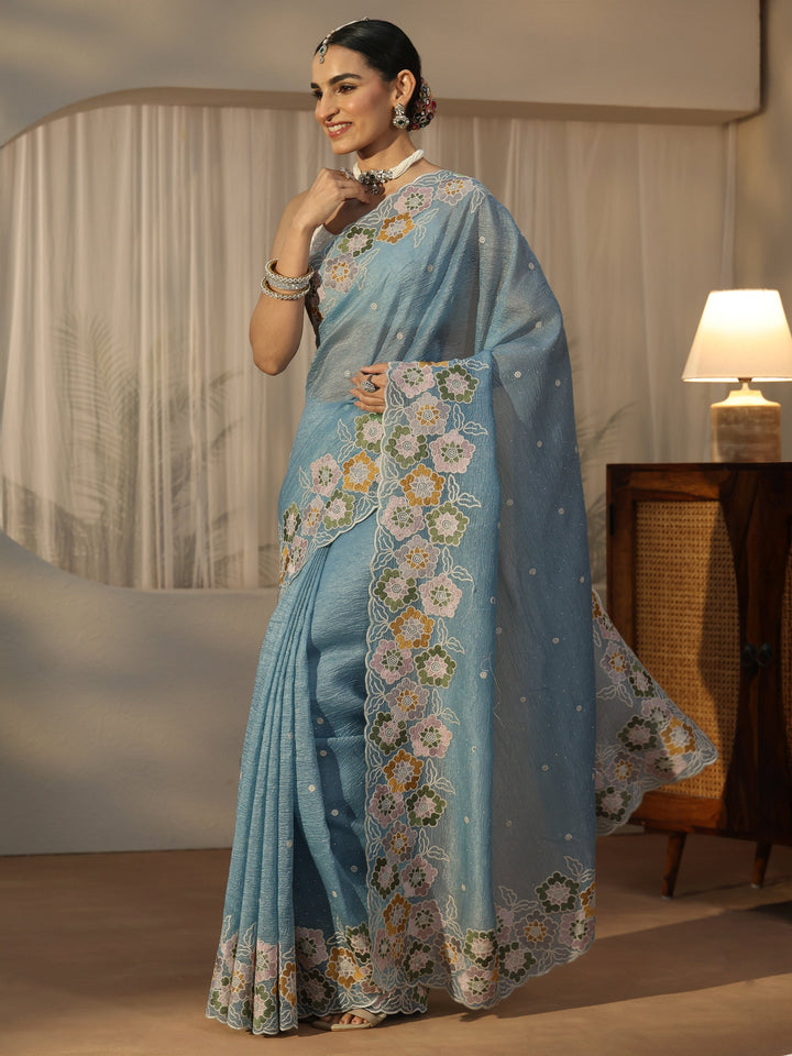 Libas Slate Blue Floral Embroidered Organza Saree