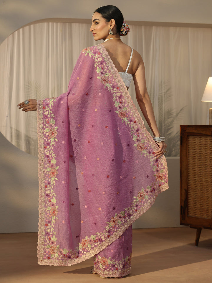 Libas Art Pink Floral Embroidered Tissue Saree